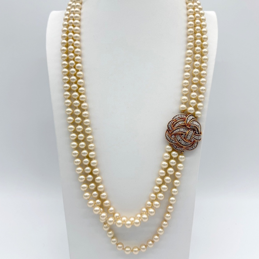 Vintage PANETTA Faux Pearl Triple Strand Necklace Rhinestone Clasp Signed